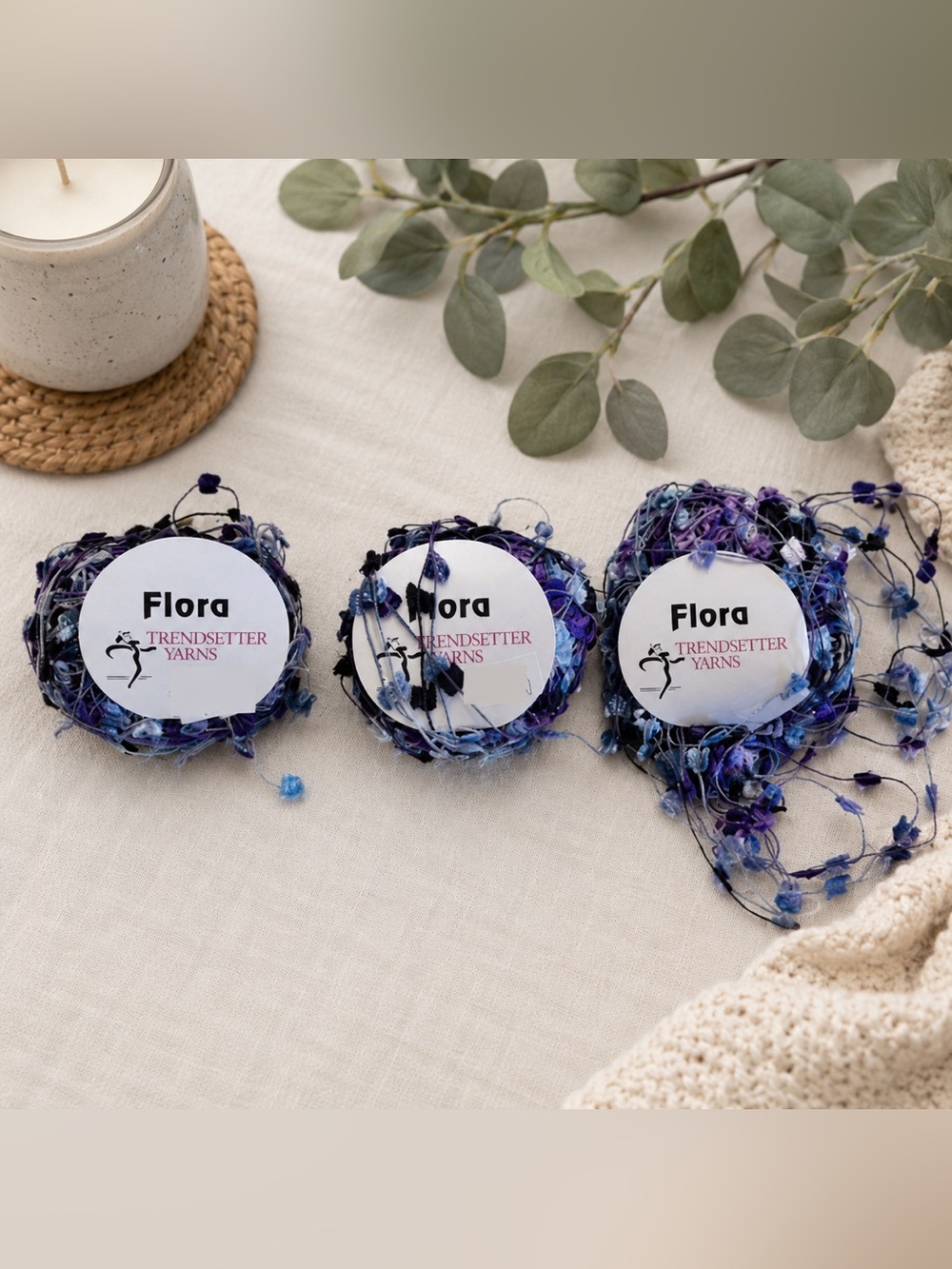 Trendsetter Flora Eyelash Yarn Lot Blue Purple Novelty Flag Yarn 3 Skeins